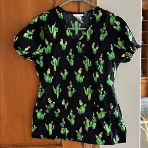 Scrubstar Black and Green Cactus Print Scrub Top Small